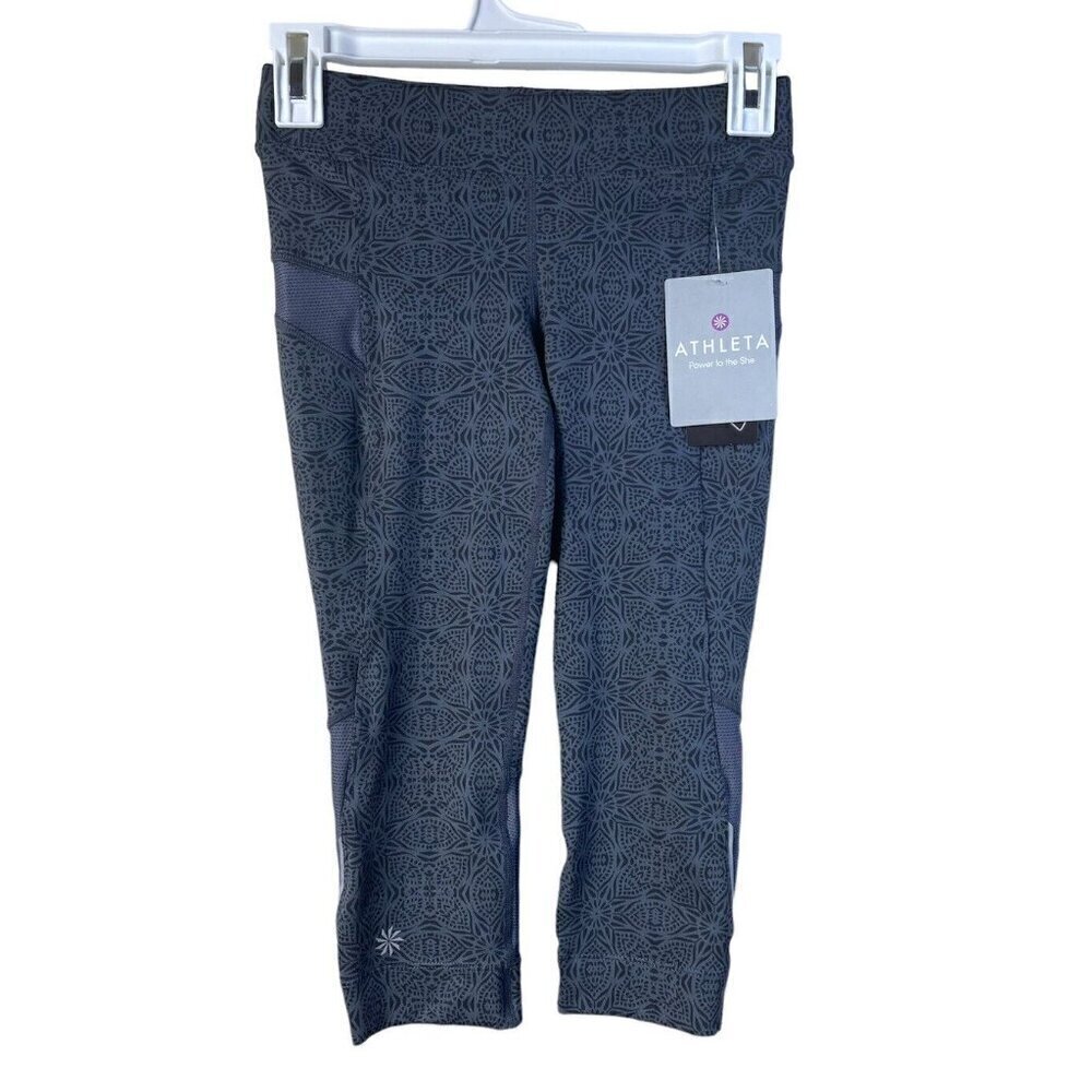 NWT Athleta Women Gray Printed Bare To Run Knicker Capri Legging Size XXS Vented